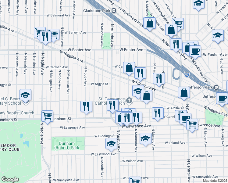 map of restaurants, bars, coffee shops, grocery stores, and more near 4940 North Austin Avenue in Chicago