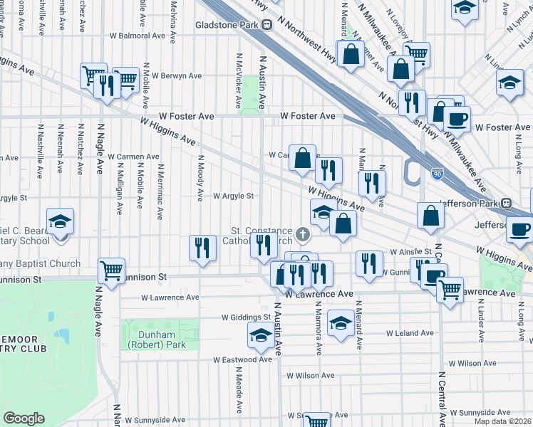 map of restaurants, bars, coffee shops, grocery stores, and more near 4940 North Austin Avenue in Chicago