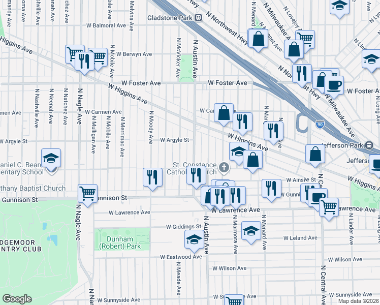 map of restaurants, bars, coffee shops, grocery stores, and more near 4940 North Austin Avenue in Chicago