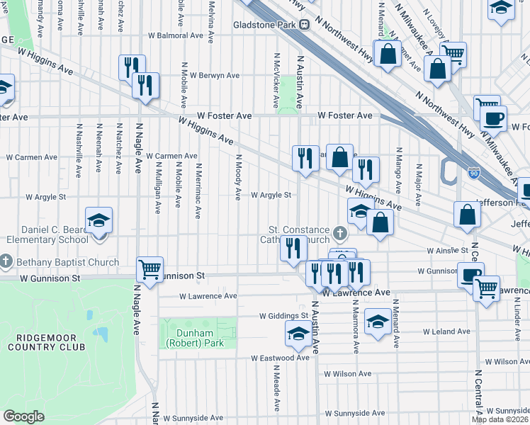 map of restaurants, bars, coffee shops, grocery stores, and more near 4939 North Meade Avenue in Chicago