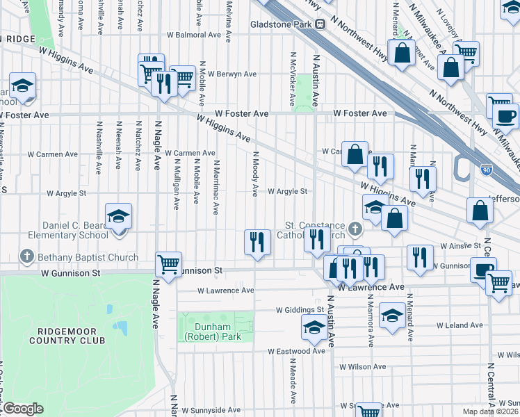map of restaurants, bars, coffee shops, grocery stores, and more near 4943 North Moody Avenue in Chicago