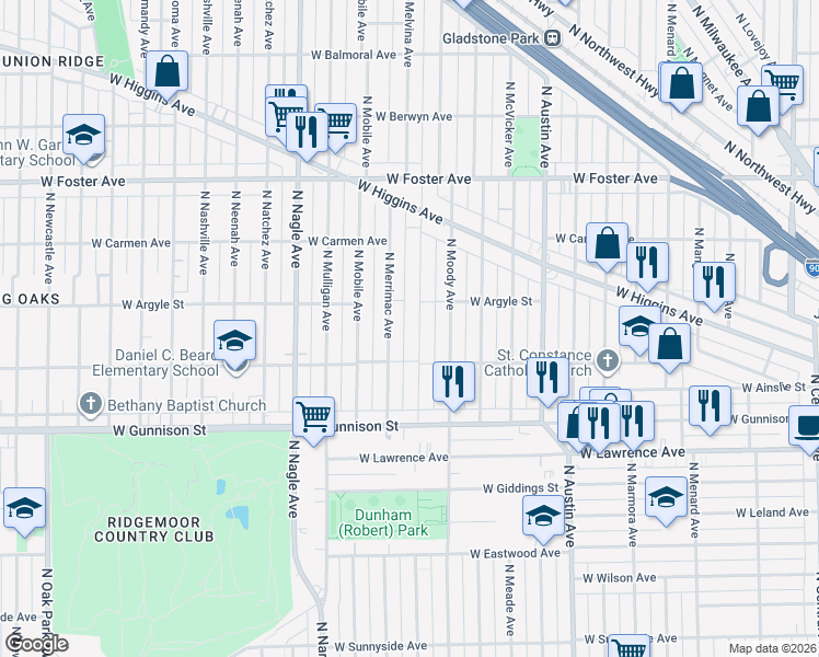 map of restaurants, bars, coffee shops, grocery stores, and more near 4943 North Melvina Avenue in Chicago