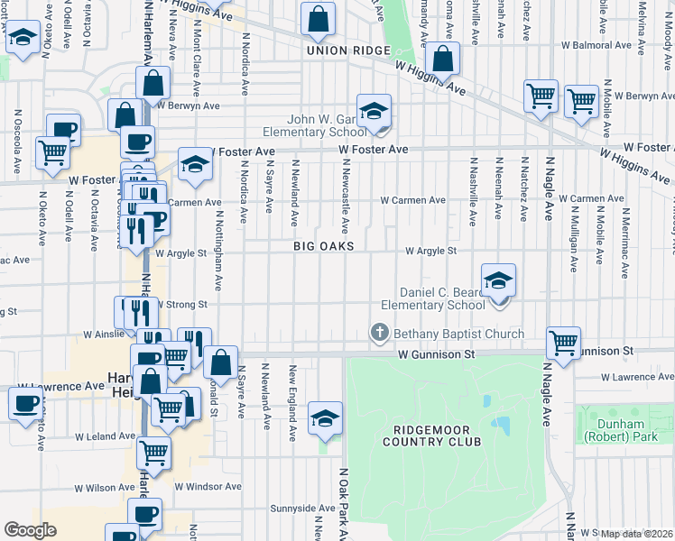 map of restaurants, bars, coffee shops, grocery stores, and more near 4946 North Newcastle Avenue in Chicago