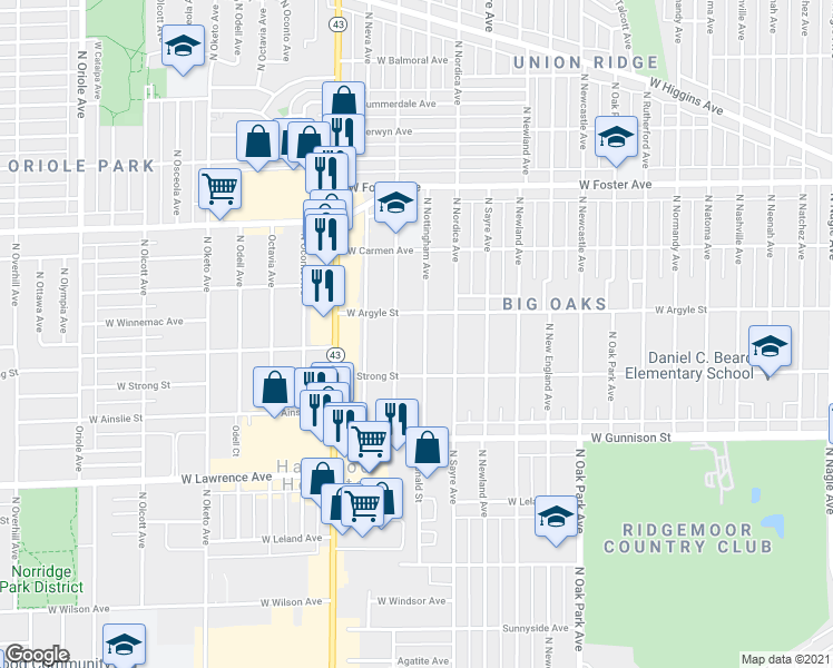 map of restaurants, bars, coffee shops, grocery stores, and more near 4944 North Nottingham Avenue in Chicago