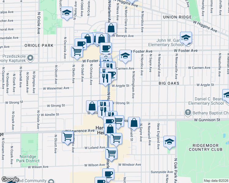 map of restaurants, bars, coffee shops, grocery stores, and more near 4951 Illinois 43 in Harwood Heights