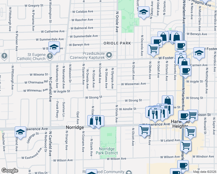 map of restaurants, bars, coffee shops, grocery stores, and more near 5021 North Olympia Avenue in Chicago