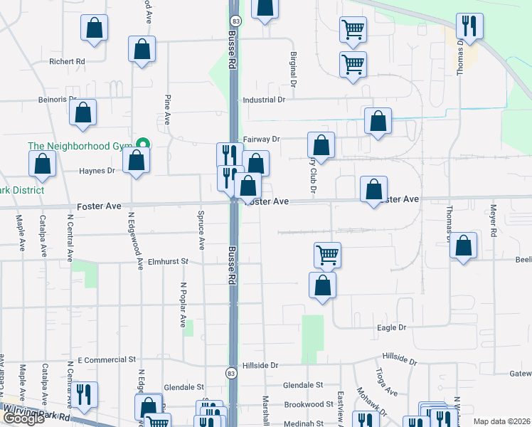 map of restaurants, bars, coffee shops, grocery stores, and more near 581 Marshall Road in Bensenville