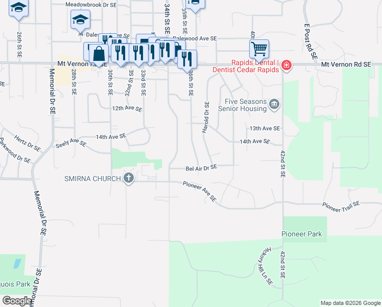map of restaurants, bars, coffee shops, grocery stores, and more near 1400 34th Street Southeast in Cedar Rapids