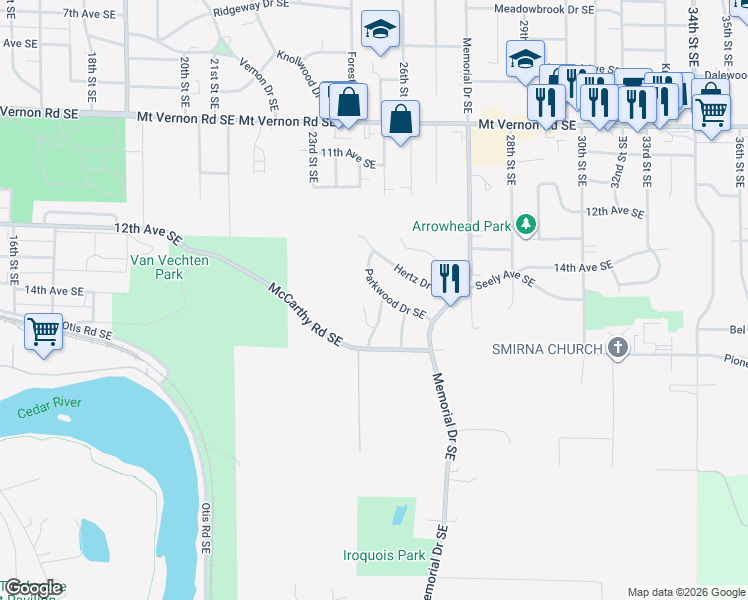 map of restaurants, bars, coffee shops, grocery stores, and more near 1400-1420 Parkwood Drive Southeast in Cedar Rapids