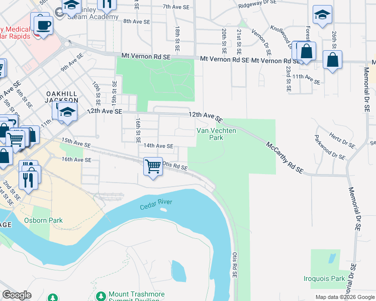 map of restaurants, bars, coffee shops, grocery stores, and more near 1801 14th Avenue Southeast in Cedar Rapids