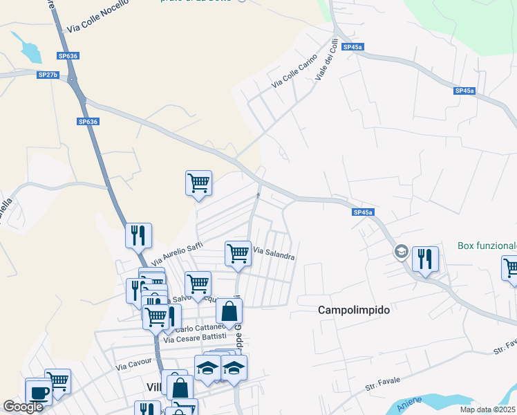 map of restaurants, bars, coffee shops, grocery stores, and more near 23 Via Giuseppe Garibaldi in Villanova