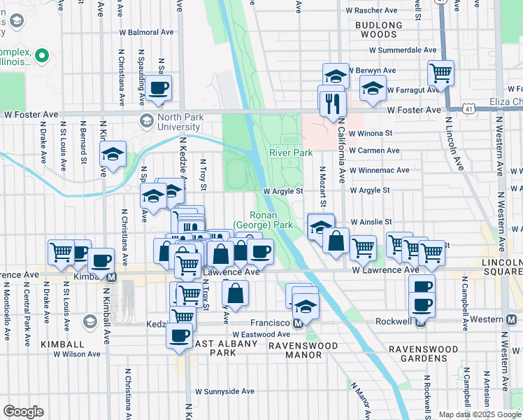 map of restaurants, bars, coffee shops, grocery stores, and more near 4948 North Sacramento Avenue in Chicago