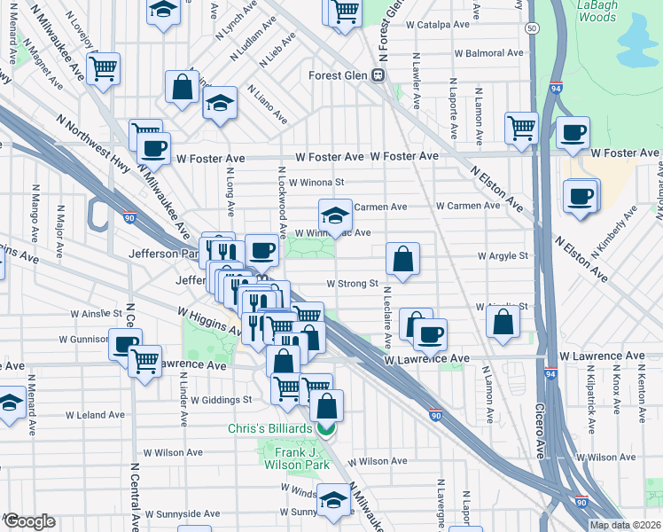 map of restaurants, bars, coffee shops, grocery stores, and more near 5201 West Argyle Street in Chicago