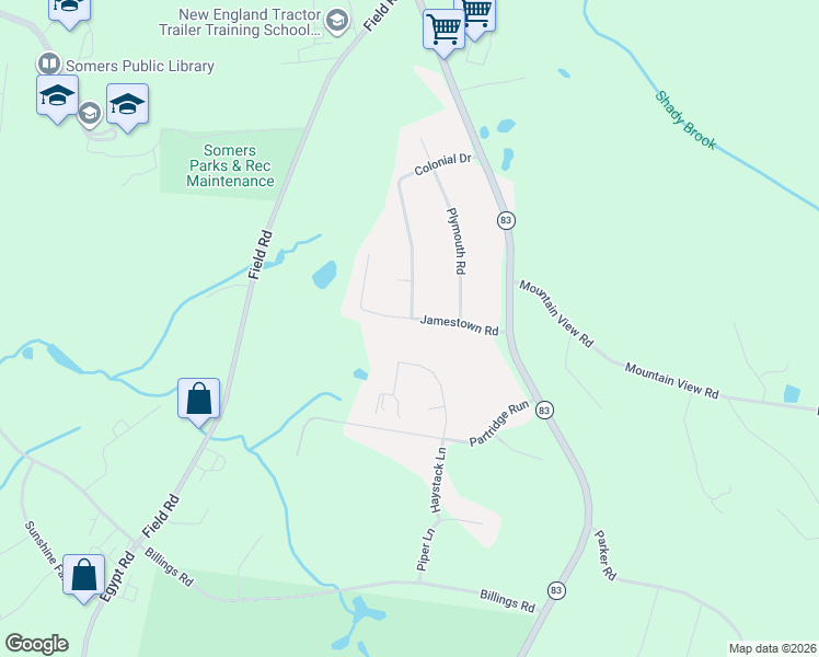 map of restaurants, bars, coffee shops, grocery stores, and more near 36 Jamestown Road in Somers
