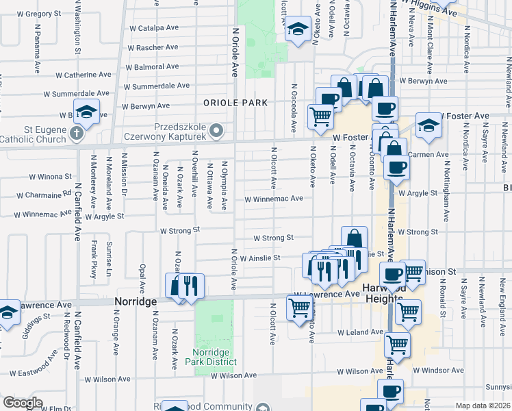 map of restaurants, bars, coffee shops, grocery stores, and more near 7527 West Winnemac Avenue in Chicago