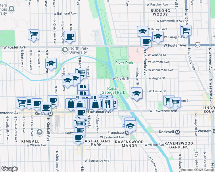 map of restaurants, bars, coffee shops, grocery stores, and more near 4929 North Whipple Street in Chicago