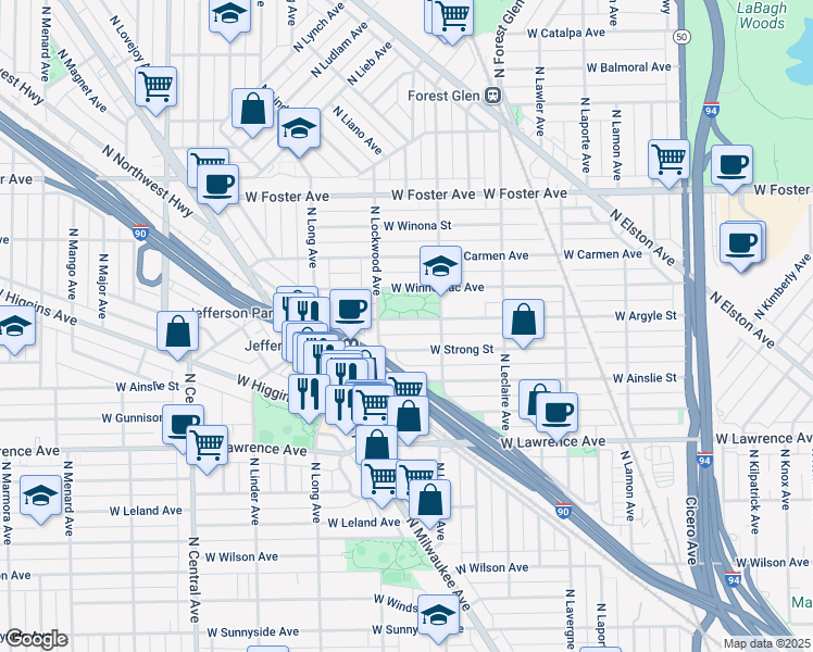 map of restaurants, bars, coffee shops, grocery stores, and more near 5231 West Argyle Street in Chicago