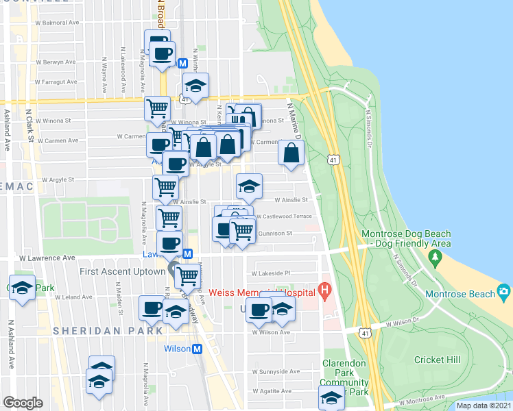 map of restaurants, bars, coffee shops, grocery stores, and more near 939 West Ainslie Street in Chicago