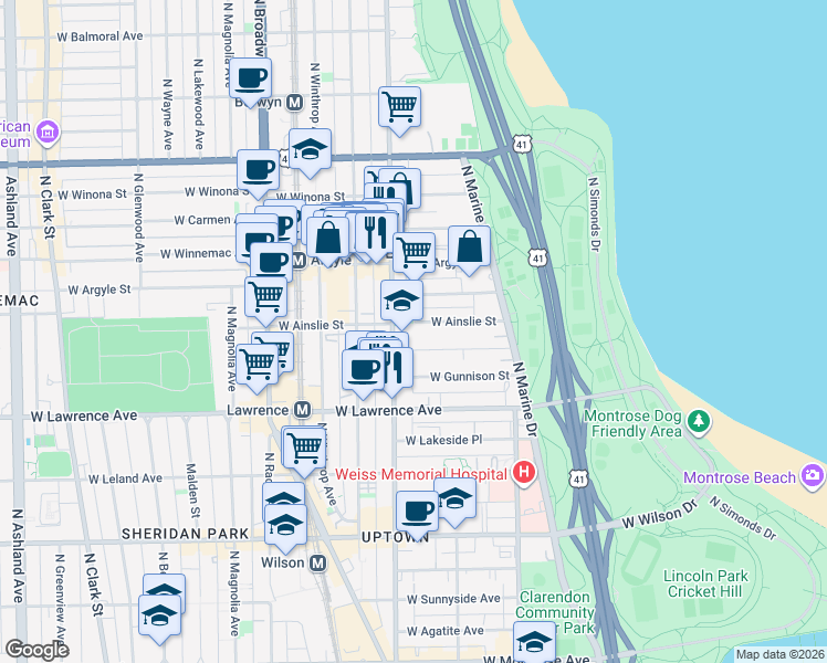 map of restaurants, bars, coffee shops, grocery stores, and more near 939 West Ainslie Street in Chicago