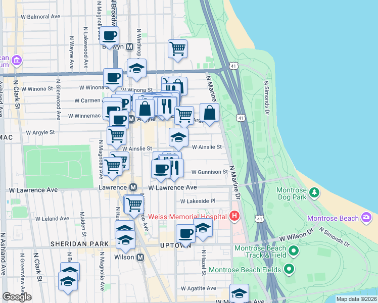 map of restaurants, bars, coffee shops, grocery stores, and more near 943 West Ainslie Street in Chicago