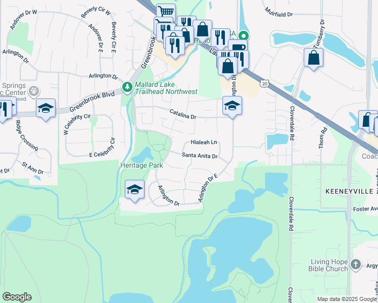 map of restaurants, bars, coffee shops, grocery stores, and more near 1275 Santa Anita Dr in Hanover Park