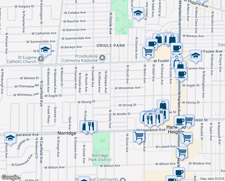 map of restaurants, bars, coffee shops, grocery stores, and more near 7527 West Winnemac Avenue in Chicago