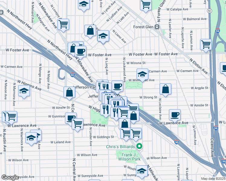 map of restaurants, bars, coffee shops, grocery stores, and more near 4921 North Northwest Highway in Chicago