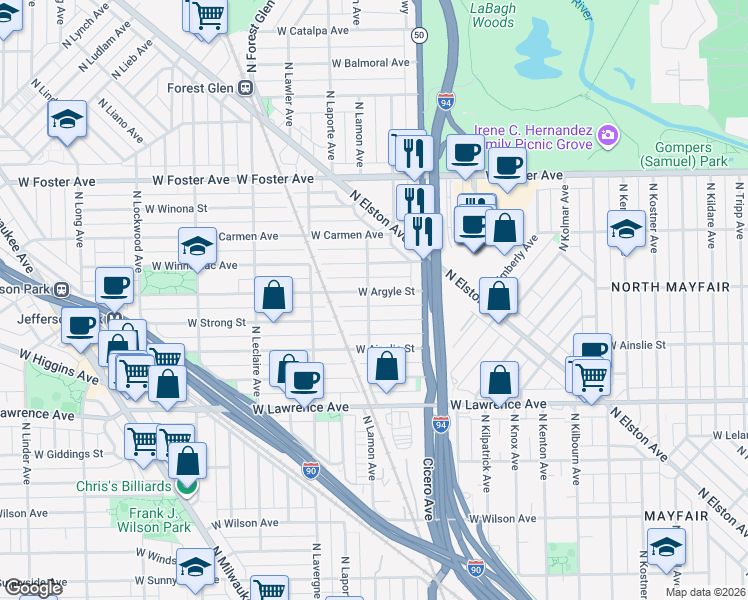 map of restaurants, bars, coffee shops, grocery stores, and more near 4855 West Argyle Street in Chicago
