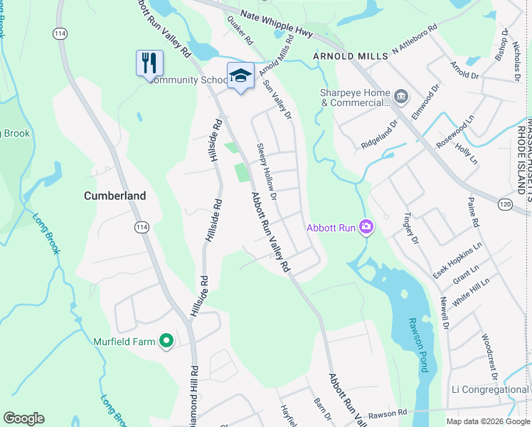 map of restaurants, bars, coffee shops, grocery stores, and more near 281 Abbott Run Valley Rd in Cumberland