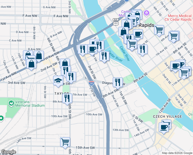 map of restaurants, bars, coffee shops, grocery stores, and more near 517 3rd Street Southwest in Cedar Rapids