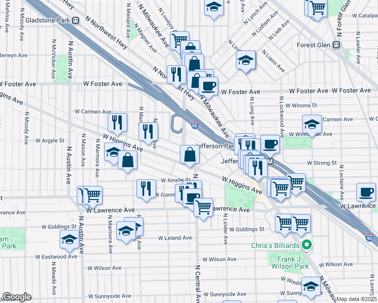 map of restaurants, bars, coffee shops, grocery stores, and more near 5643 West Goodman Street in Chicago