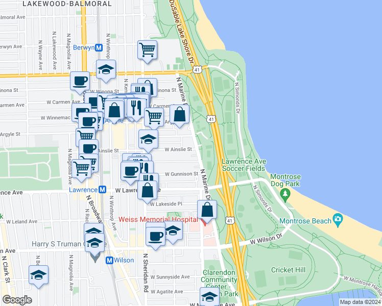 map of restaurants, bars, coffee shops, grocery stores, and more near 4890 North Marine Drive in Chicago