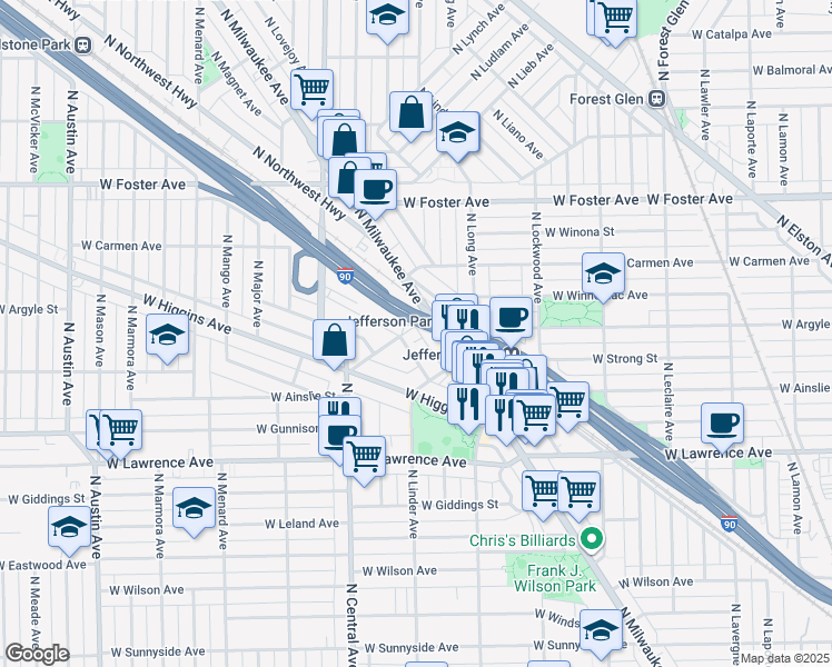 map of restaurants, bars, coffee shops, grocery stores, and more near 5457 West Edmunds Street in Chicago