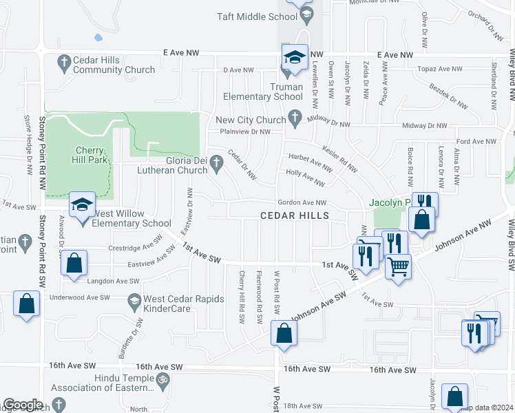 map of restaurants, bars, coffee shops, grocery stores, and more near 5435 Gordon Avenue Northwest in Cedar Rapids
