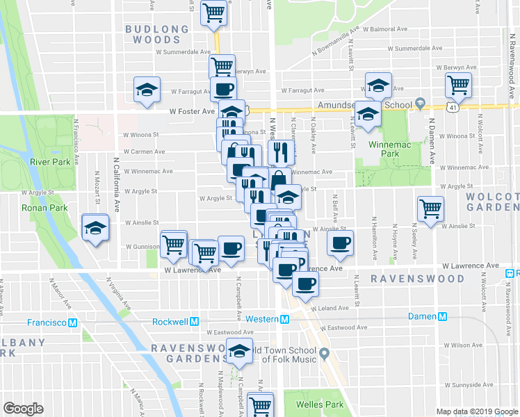 map of restaurants, bars, coffee shops, grocery stores, and more near 4923 North Lincoln Avenue in Chicago