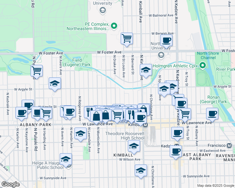 map of restaurants, bars, coffee shops, grocery stores, and more near 4941 North Drake Avenue in Chicago