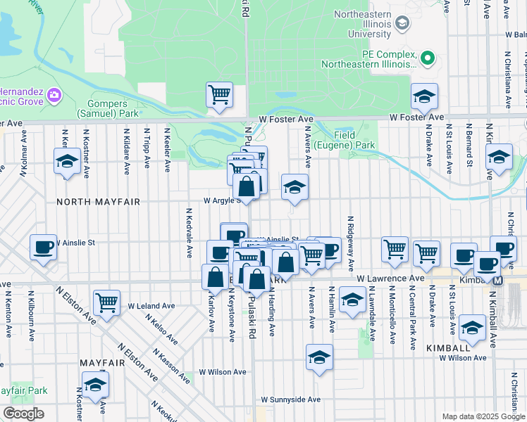 map of restaurants, bars, coffee shops, grocery stores, and more near 4949 North Pulaski Road in Chicago