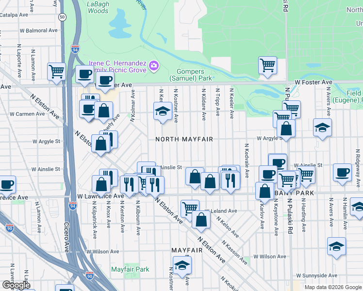 map of restaurants, bars, coffee shops, grocery stores, and more near 4952 North Kostner Avenue in Chicago