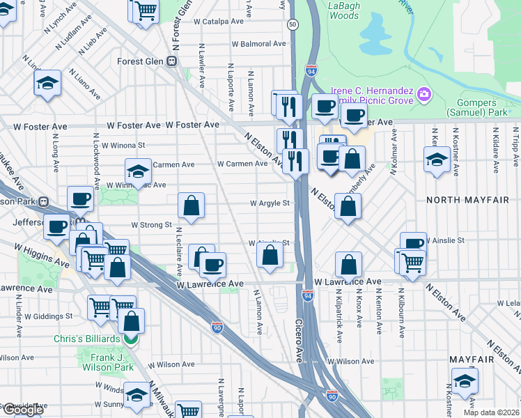 map of restaurants, bars, coffee shops, grocery stores, and more near 4855 West Argyle Street in Chicago