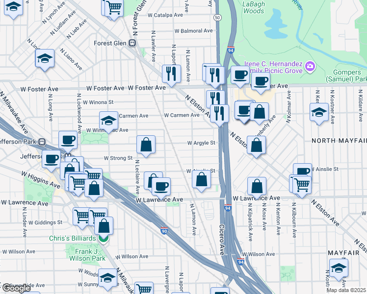 map of restaurants, bars, coffee shops, grocery stores, and more near in Chicago