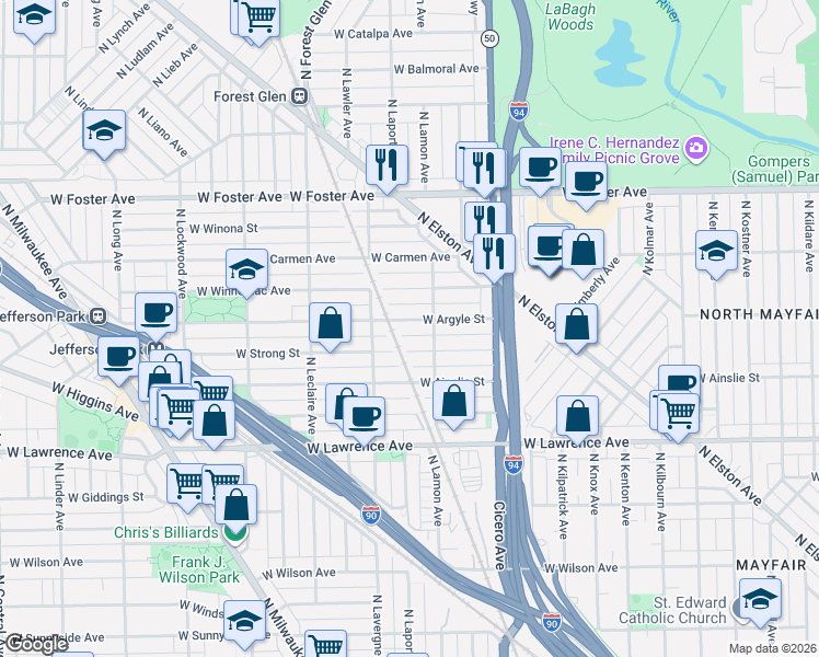 map of restaurants, bars, coffee shops, grocery stores, and more near 4929 West Argyle Street in Chicago
