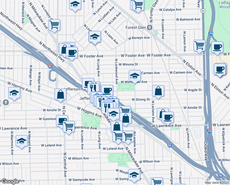 map of restaurants, bars, coffee shops, grocery stores, and more near 4917 North Milwaukee Avenue in Chicago