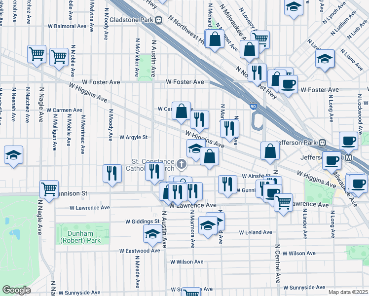 map of restaurants, bars, coffee shops, grocery stores, and more near 4943 North Marmora Avenue in Chicago