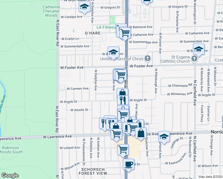 map of restaurants, bars, coffee shops, grocery stores, and more near 8501 West Carmen Avenue in Chicago