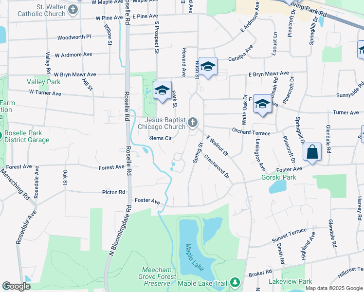 map of restaurants, bars, coffee shops, grocery stores, and more near 624 Rush Street in Roselle