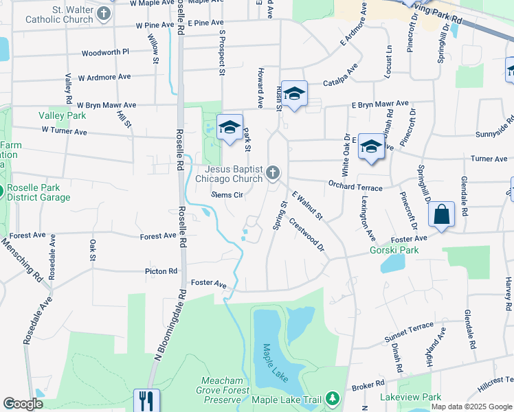 map of restaurants, bars, coffee shops, grocery stores, and more near 624 Rush Street in Roselle