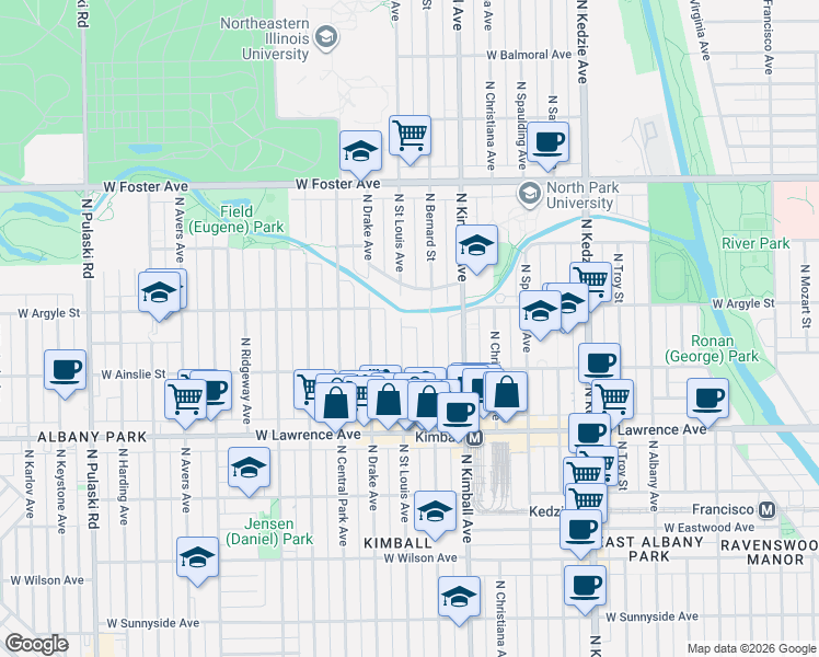 map of restaurants, bars, coffee shops, grocery stores, and more near 4943 North Saint Louis Avenue in Chicago