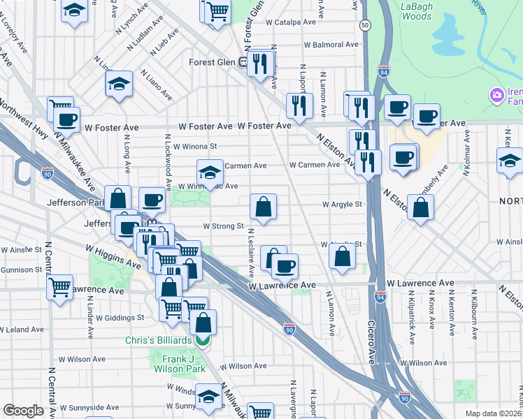 map of restaurants, bars, coffee shops, grocery stores, and more near 5043 West Argyle Street in Chicago
