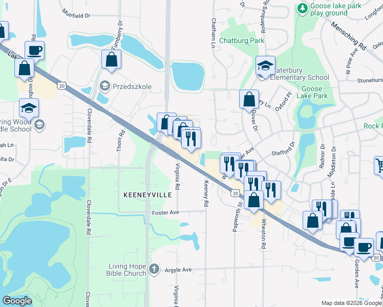 map of restaurants, bars, coffee shops, grocery stores, and more near 1360 Lake Street in Roselle