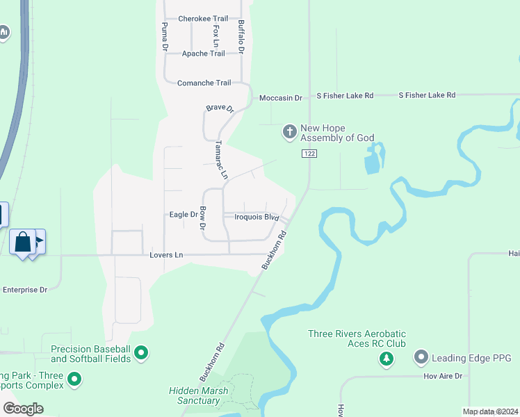 map of restaurants, bars, coffee shops, grocery stores, and more near 56844 Tomahawk Court in Three Rivers